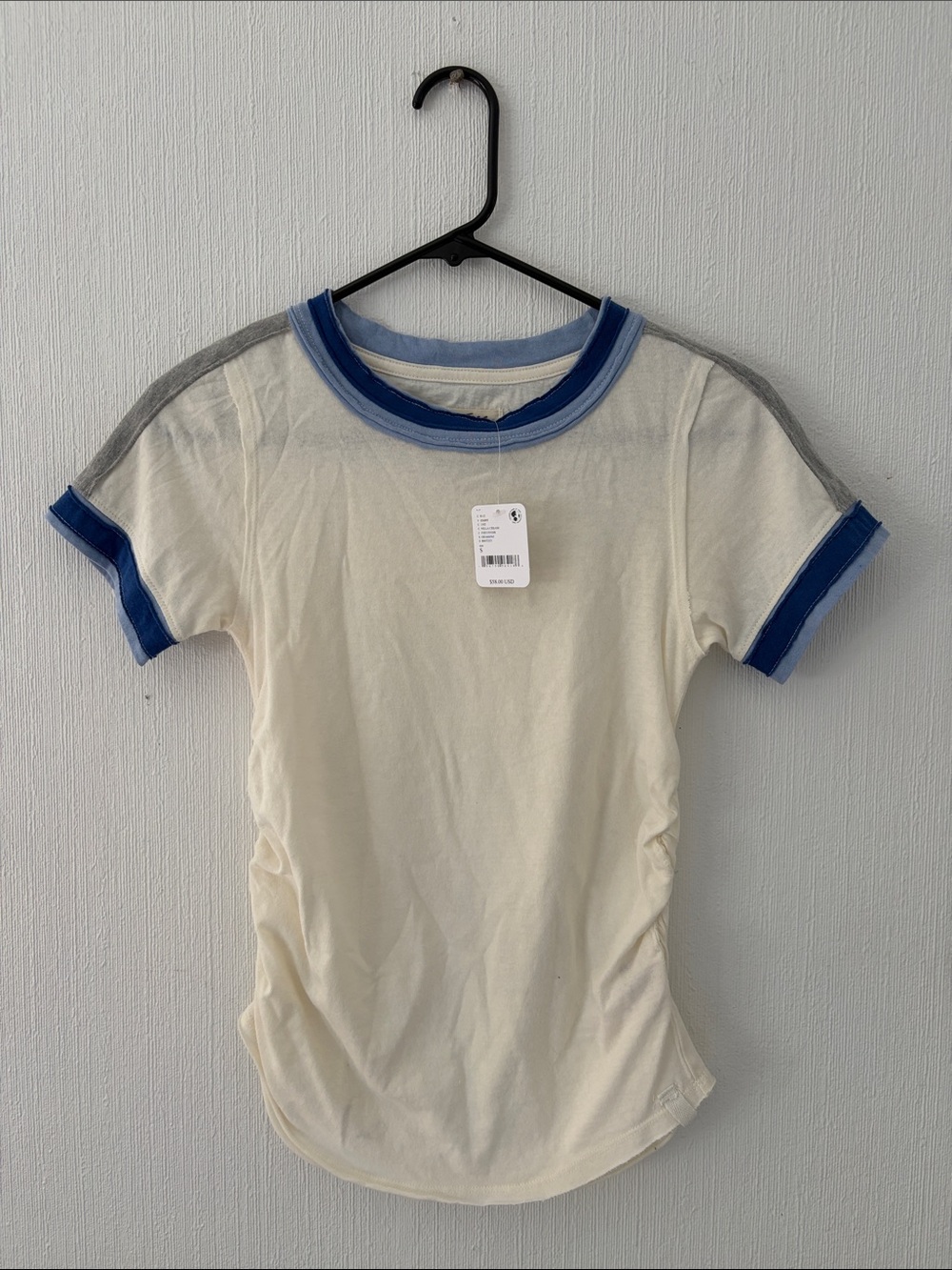 We The Free NWT Cream Tee with Blue Trim and Gray Shoulder Stripe